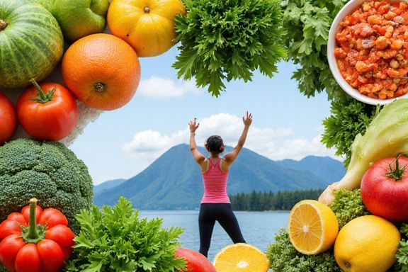 A vibrant collage representing healthy eating and an active lifestyle in Thailand, featuring fresh fruits, vegetables, a person exercising, and a serene Thai landscape.