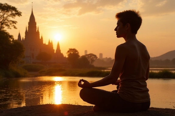 A person meditating by a tranquil Thai temple at sunrise, representing mental wellness and mindfulness.